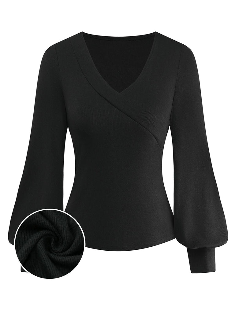 Haut tricoté noir col en V et manches lanternes style années 1950
