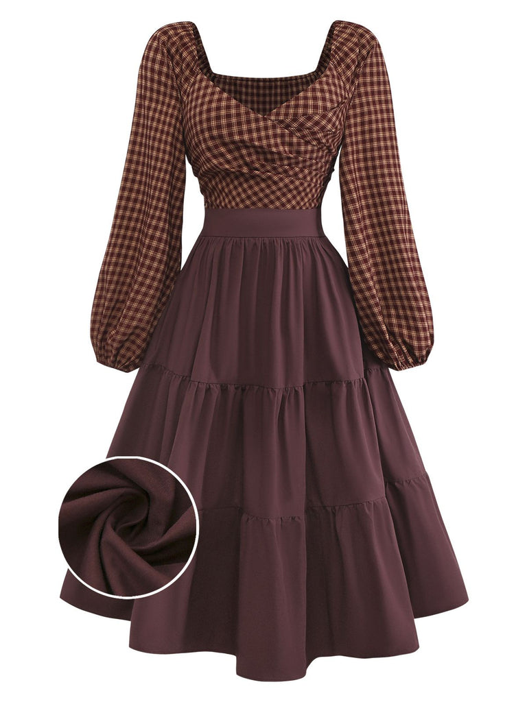 [Prévente] Robe carreaux vichy marron dos nu lacé et volants années 1950