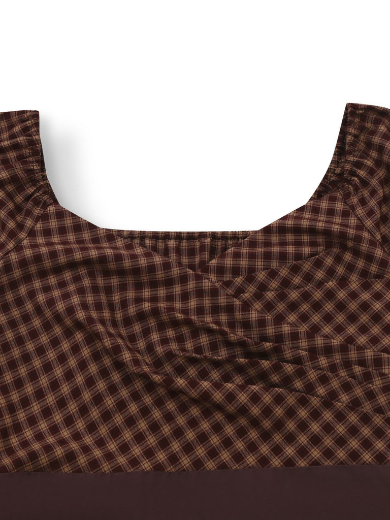 [Prévente] Robe carreaux vichy marron dos nu lacé et volants années 1950