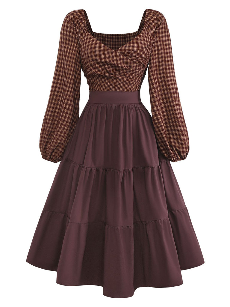 [Prévente] Robe carreaux vichy marron dos nu lacé et volants années 1950