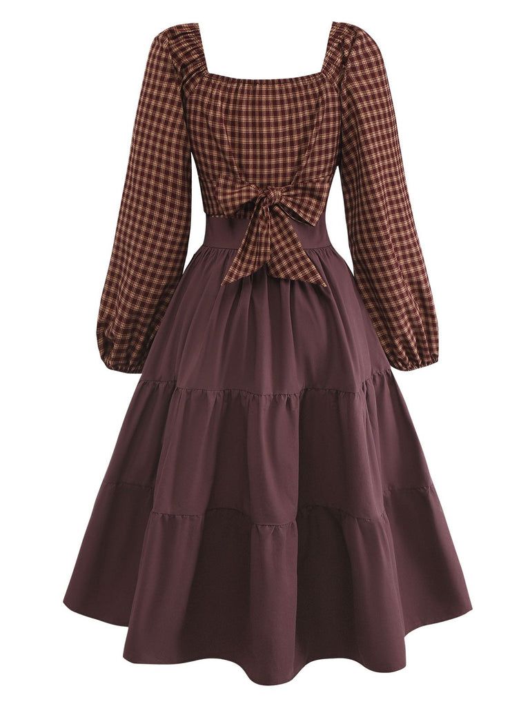 [Prévente] Robe carreaux vichy marron dos nu lacé et volants années 1950