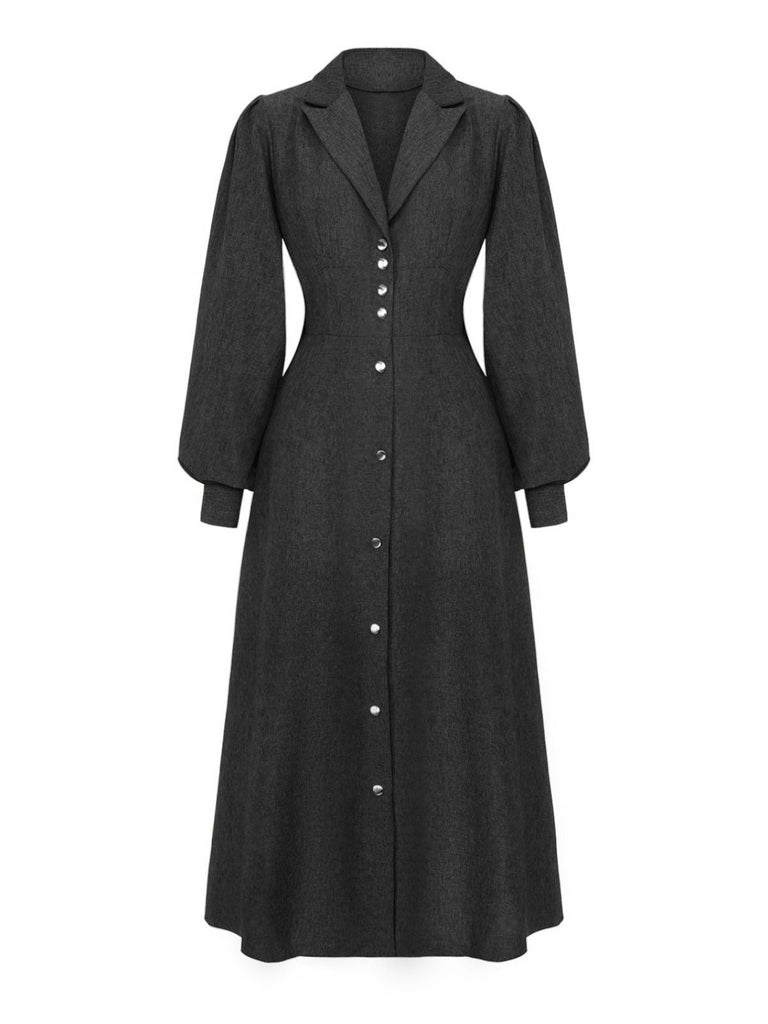 Robe boutonnée col cranté manches lanternes des années 1940