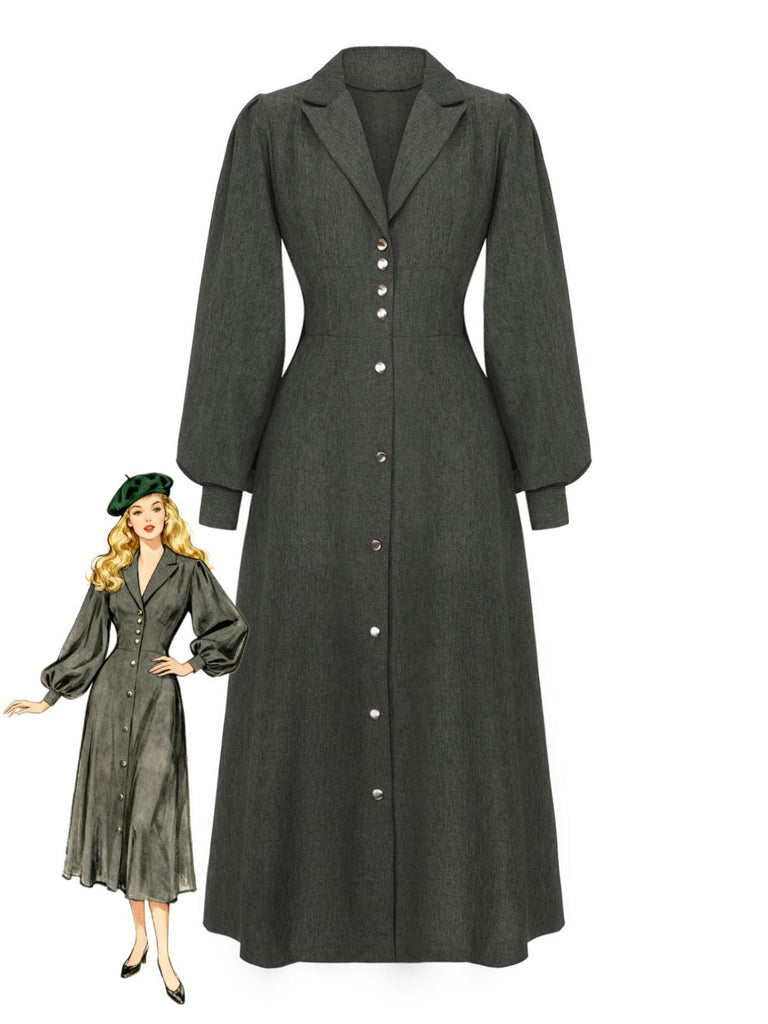Robe boutonnée col cranté manches lanternes des années 1940