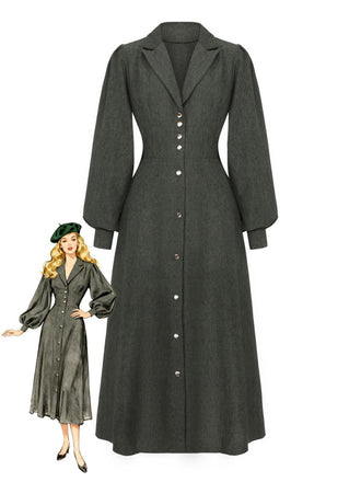 Robe boutonnée col cranté manches lanternes des années 1940