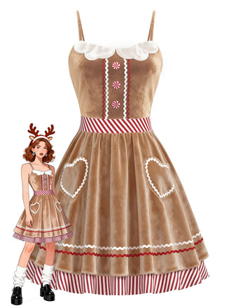 Robe marron velours en cœur et pain d'épice à rayures années 1960