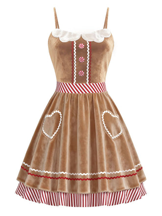 Robe marron velours en cœur et pain d'épice à rayures années 1960