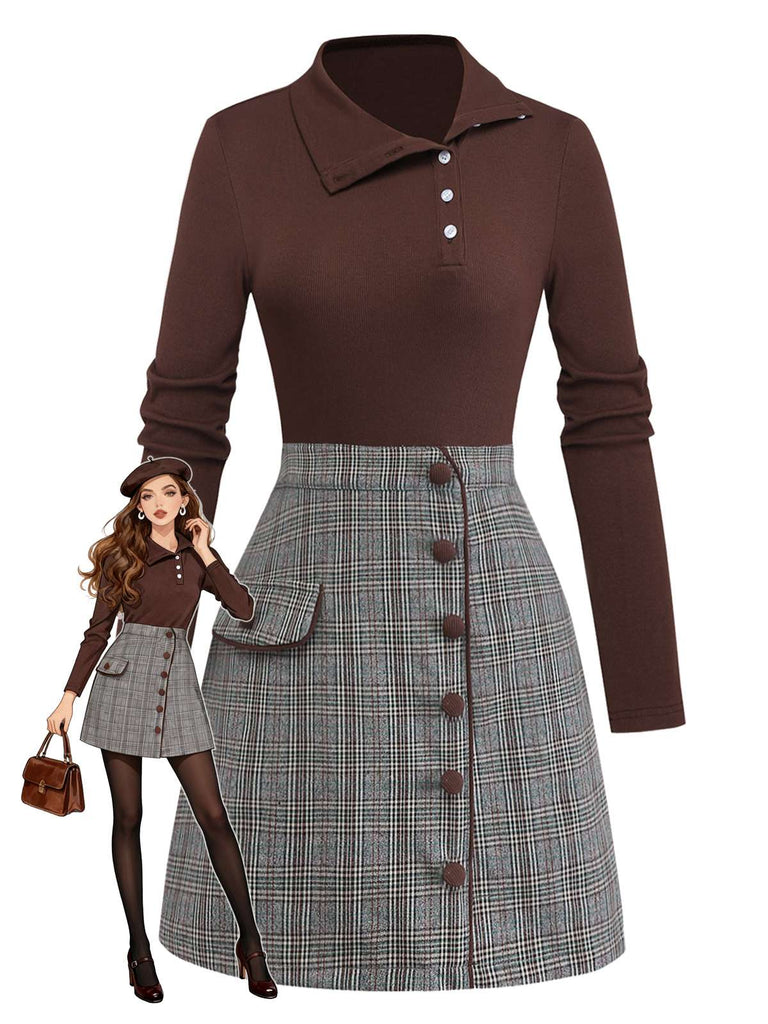 Robe Marron Tricotée À Carreaux Col Asymétrique Années 1970