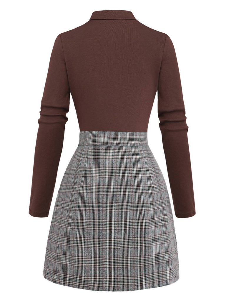 Robe Marron Tricotée À Carreaux Col Asymétrique Années 1970