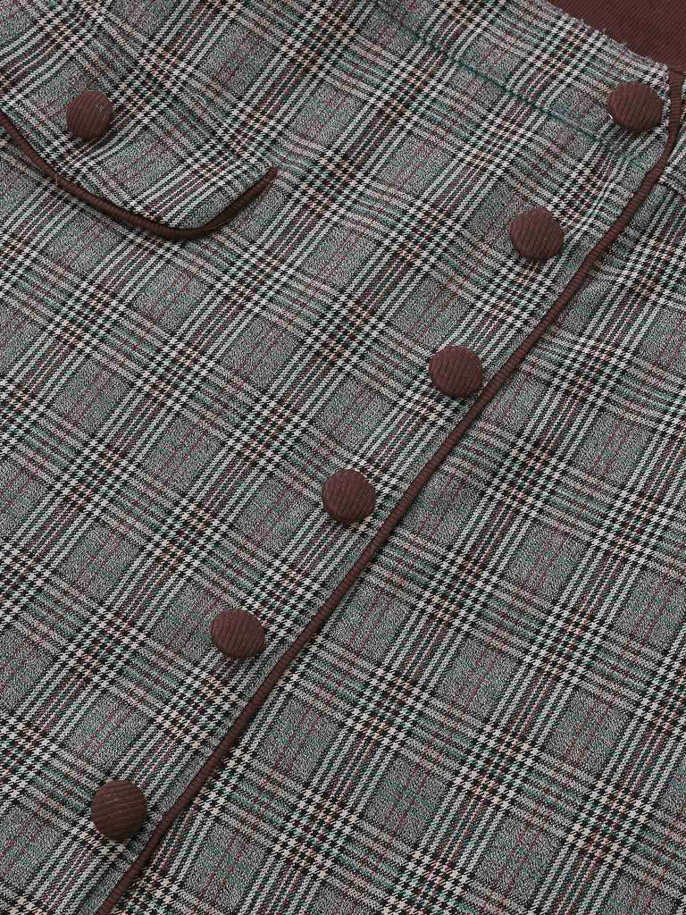 Robe Marron Tricotée À Carreaux Col Asymétrique Années 1970
