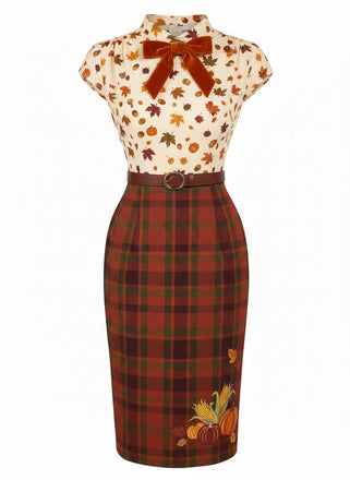 Robe crayon marron motif feuilles de citrouille et d'érable années 1960