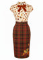 Robe crayon marron motif feuilles de citrouille et d'érable années 1960