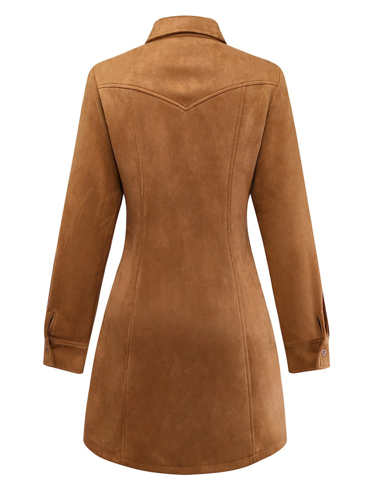 Robe marron en faux daim brodé de fleurs col chemise des années 1970