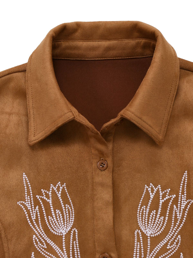 Robe marron en faux daim brodé de fleurs col chemise des années 1970