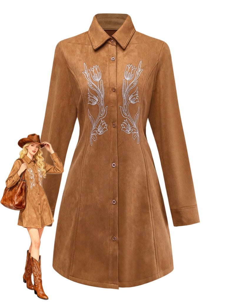 Robe marron en faux daim brodé de fleurs col chemise des années 1970