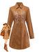 Robe marron en faux daim brodé de fleurs col chemise des années 1970