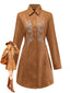 Robe marron en faux daim brodé de fleurs col chemise des années 1970