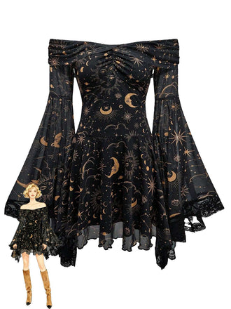 Robe à épaules dénudées manches cloche motif étoile lune et soleil années 80