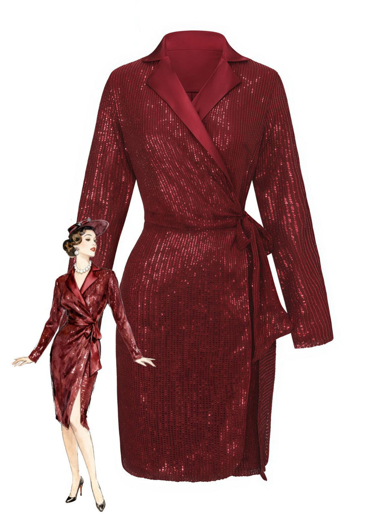 Veste longue pailleté col revers à nouer ceinturée années 1960