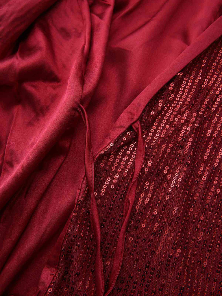 Veste longue pailleté col revers à nouer ceinturée années 1960