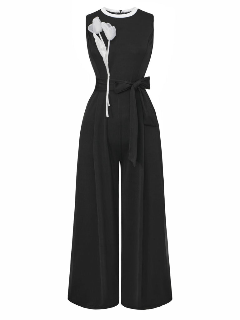 Combinaison noire sans manches nouer style ornée de fleurs en 3D années 1950