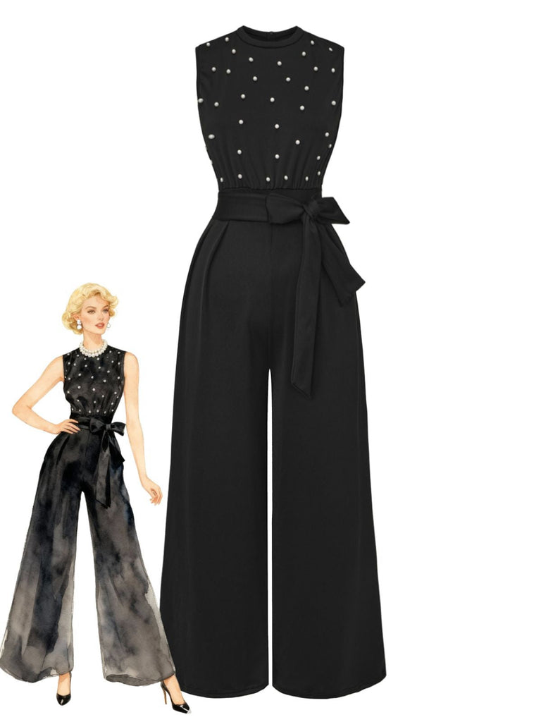 Combinaison noire à nœud et perles avec ceinture années 1950