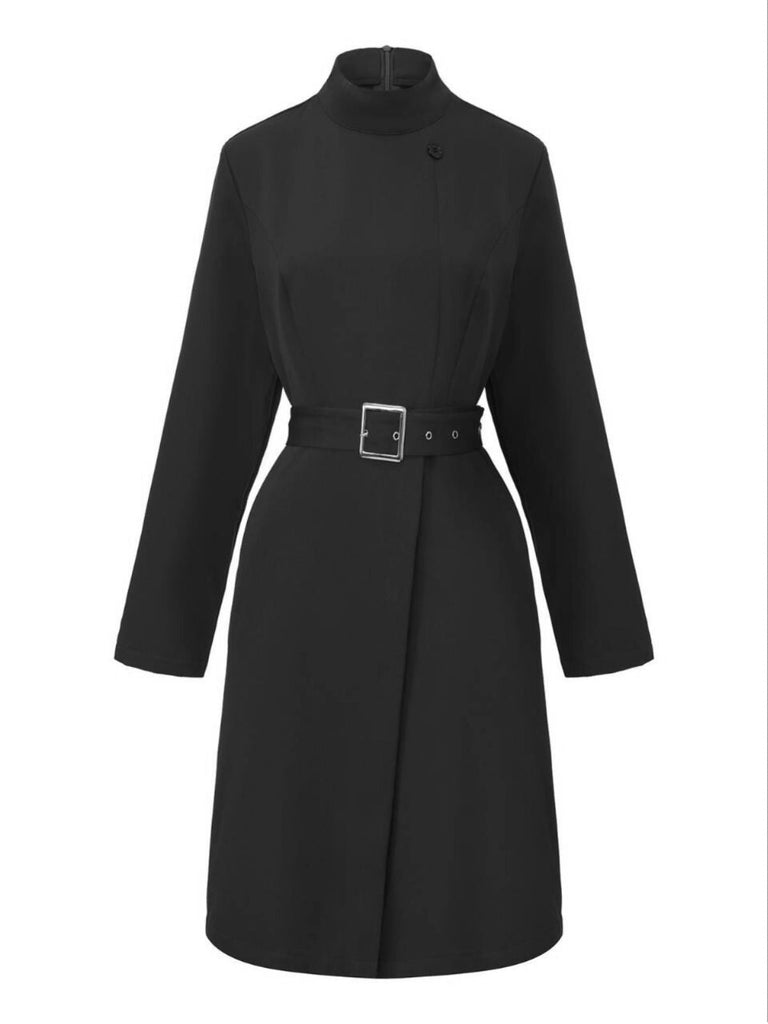 Robe unie col roulé et ceinture style avec poche années 1940