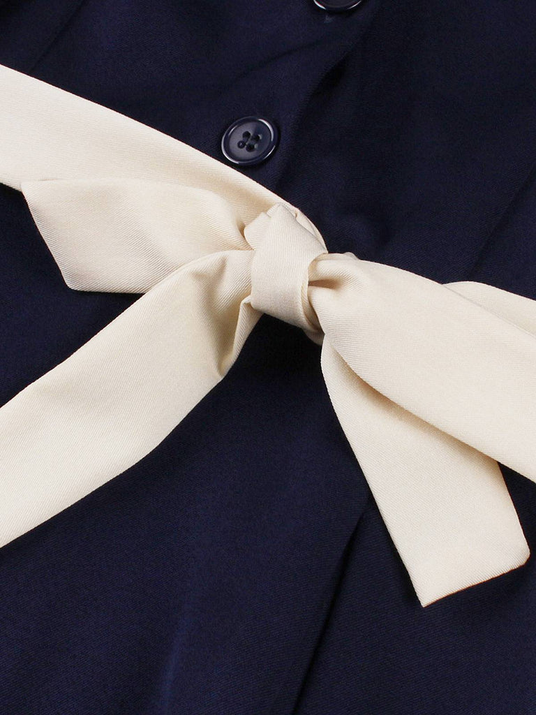 Robe bleu marine style nautique col carré avec ceinture des années 1950