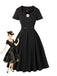 Robe trapèze noire unie col revers en forme de rose 3D des années 1950