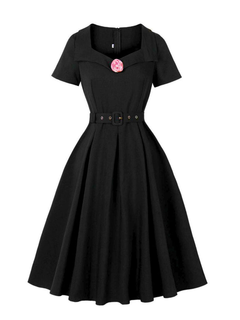 Robe trapèze noire unie col revers en forme de rose 3D des années 1950