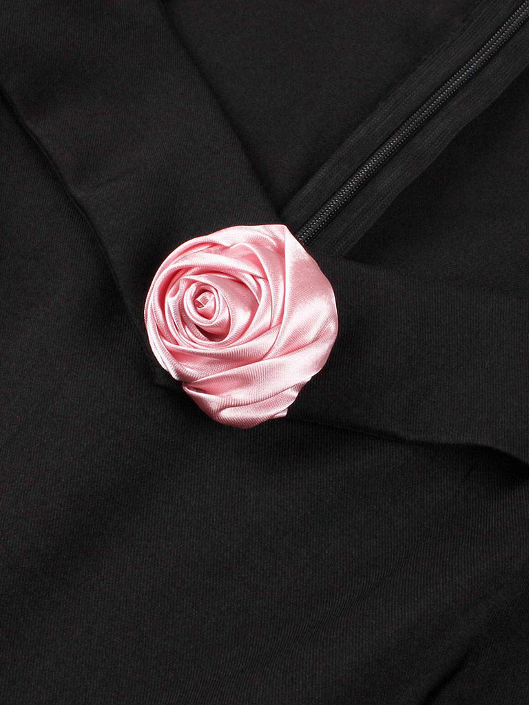 Robe trapèze noire unie col revers en forme de rose 3D des années 1950