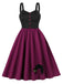 Robe trapèze motif chat larges bretelles rouge violacé des années 1950