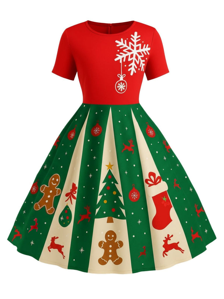 [Grande taille] Robe trapèze rouge et verte motif flocon de neige des années 1950