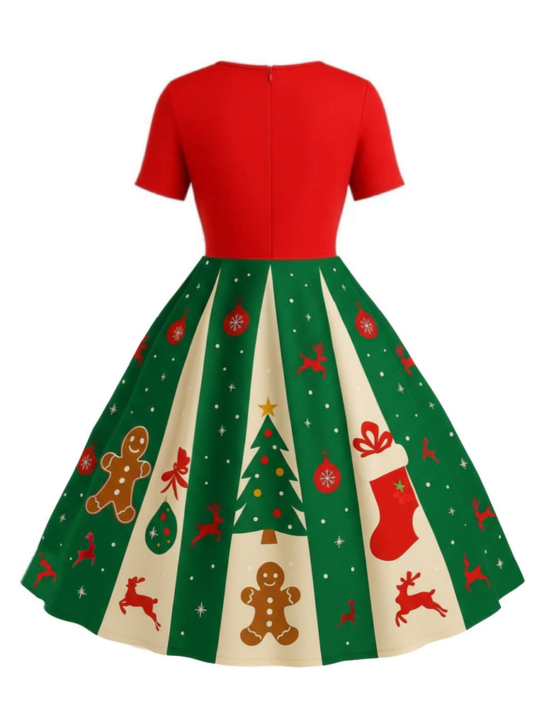 [Grande taille] Robe trapèze rouge et verte motif flocon de neige des années 1950