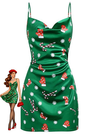 Robe en satin à bretellesverte col bénitier noël  des années 60