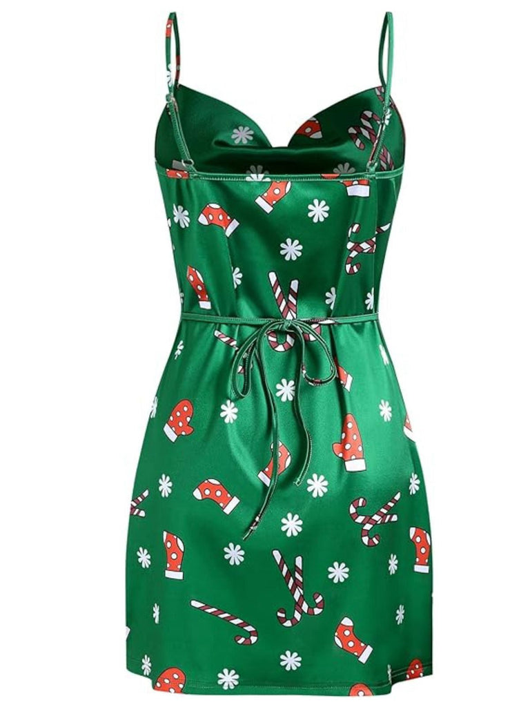 Robe en satin à bretellesverte col bénitier noël  des années 60