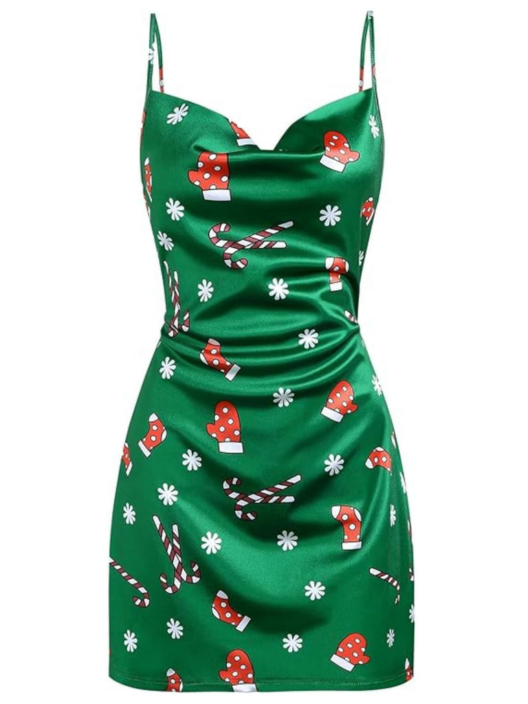 Robe en satin à bretellesverte col bénitier noël  des années 60