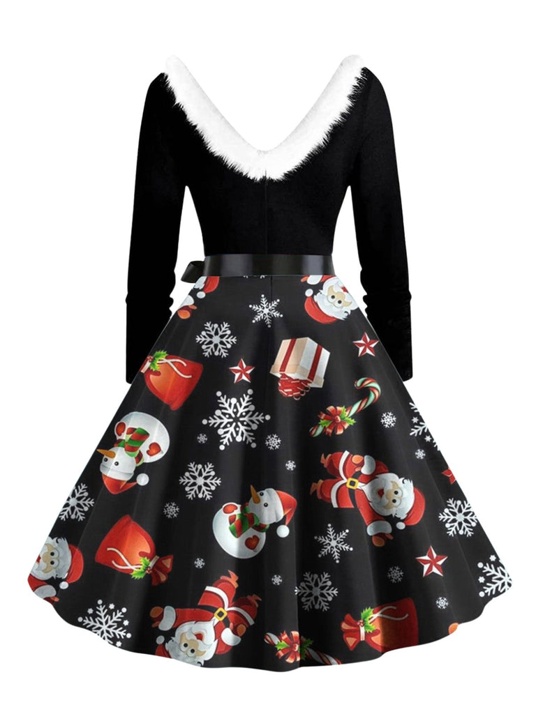 Robe trapèze à col en V et col en fourrure des années 1950