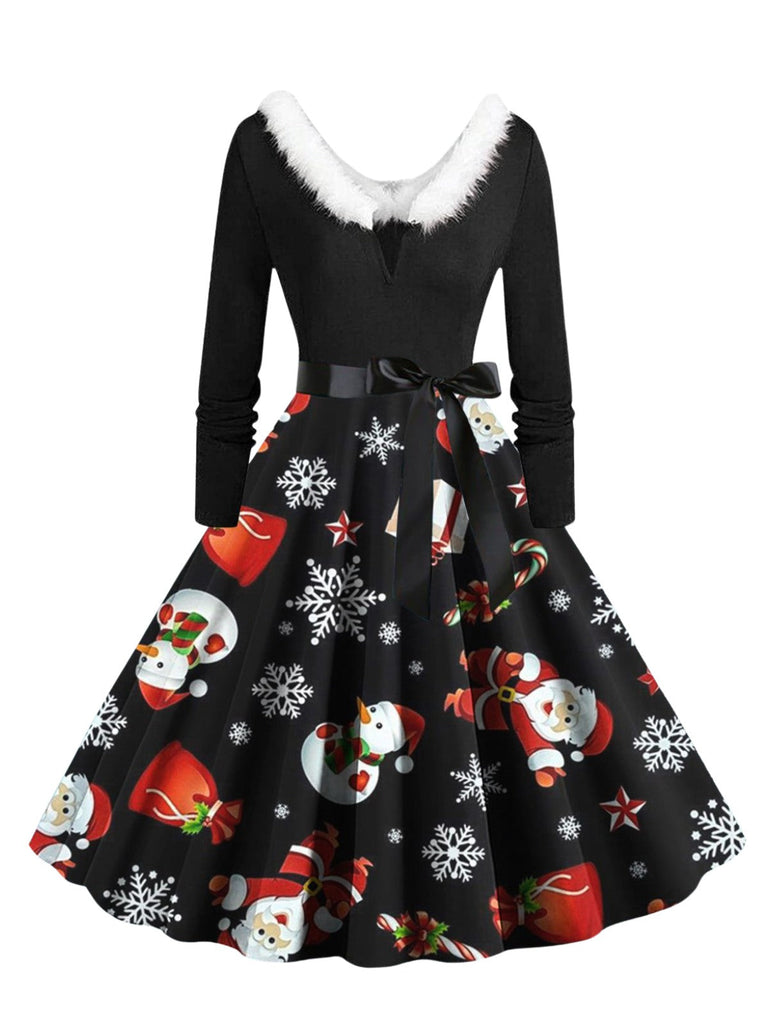 Robe trapèze à col en V et col en fourrure des années 1950