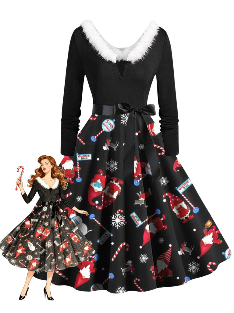 Robe trapèze à col en V et col en fourrure des années 1950