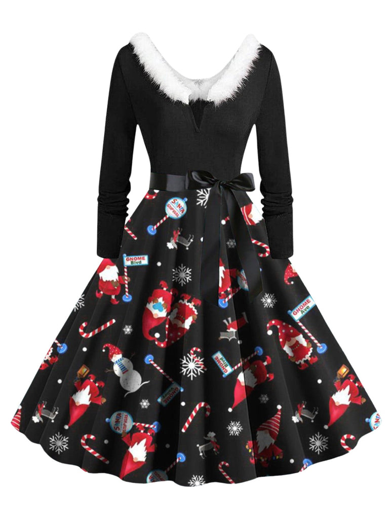 Robe trapèze à col en V et col en fourrure des années 1950