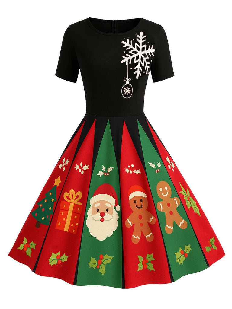 Robe trapèze noire à flocons de neige années 1950
