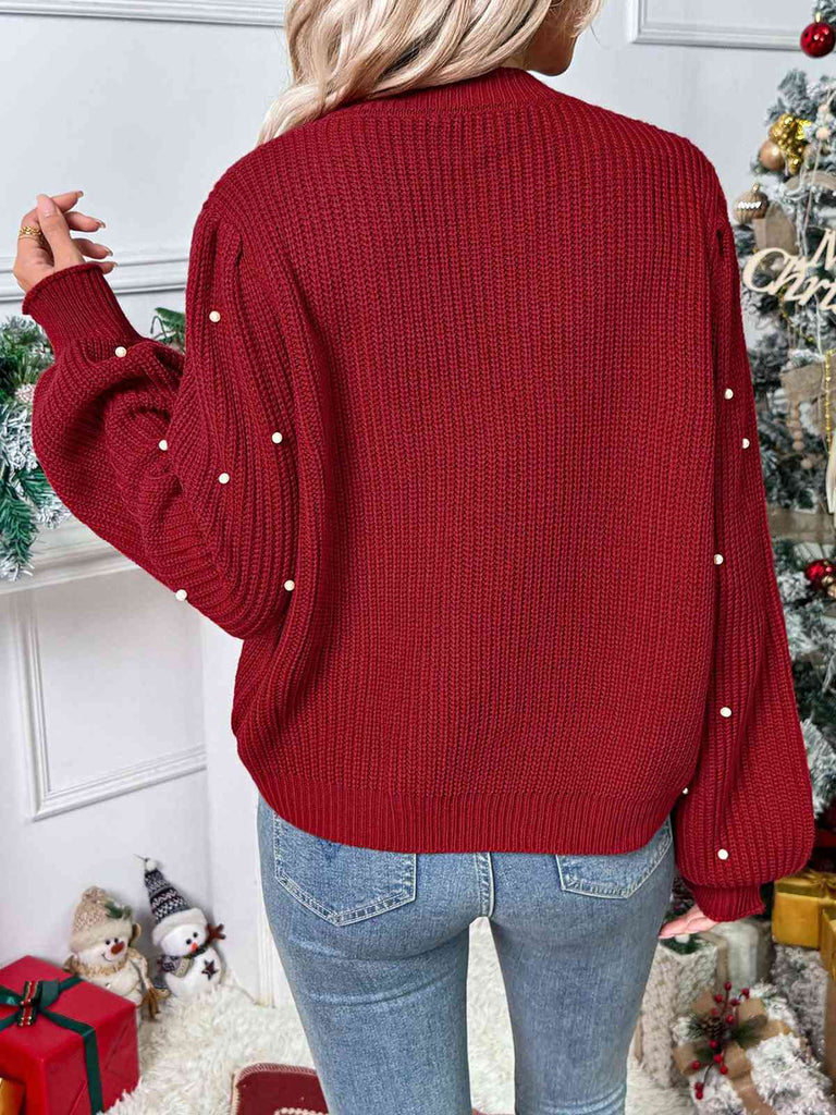 Cardigan rouge uni en maille lâche orné de perles des années 1950
