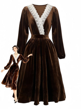 Robe en velours patchwork de dentelle unie marron des années 1940