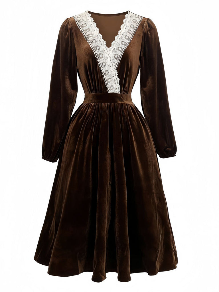 Robe en velours patchwork de dentelle unie marron des années 1940