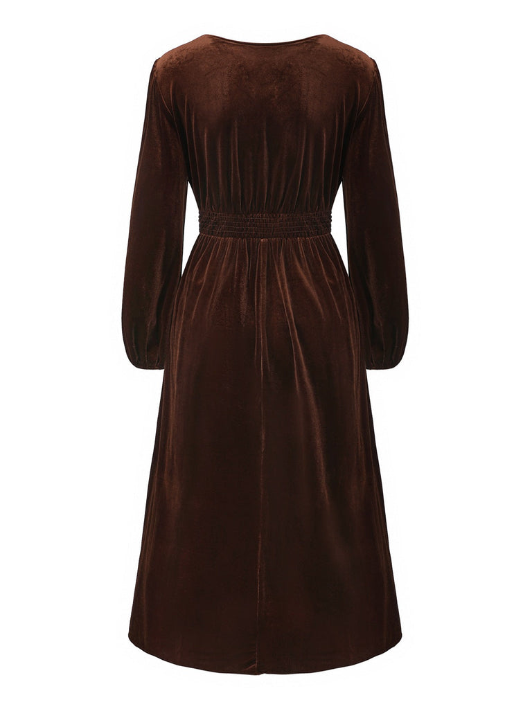 Robe en velours patchwork de dentelle unie marron des années 1940