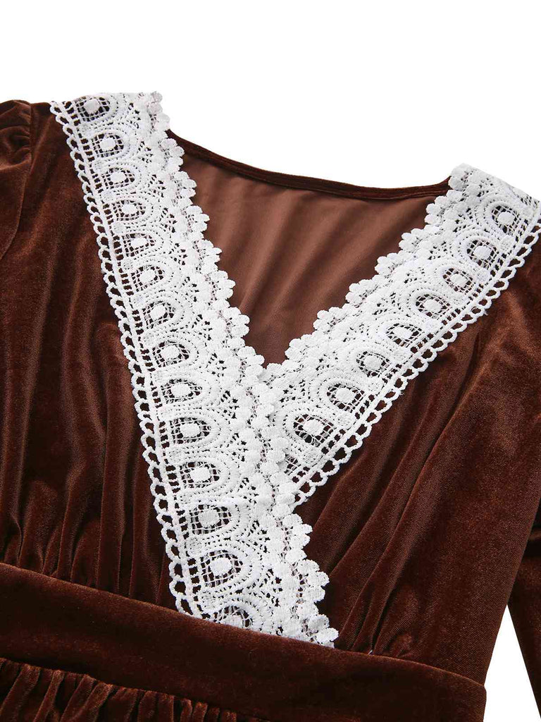 Robe en velours patchwork de dentelle unie marron des années 1940