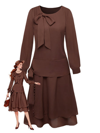 [Prévente] Robe Marron à Ceinture et Nœud Papillon Années 1920