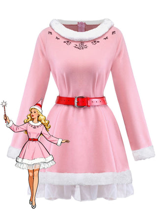 Ensemble robe rose à bordure peluche elfe de Noël années 1950