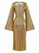 Robe à manches chauve-souris et taille froncée ornée de feuilles d'or années 1970