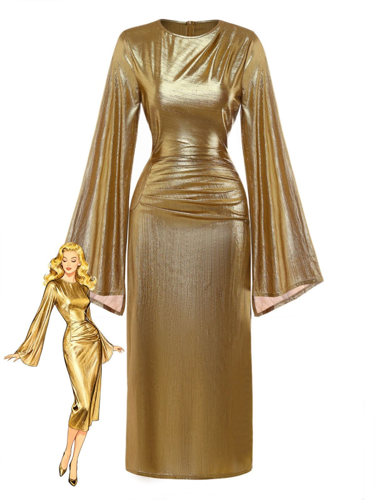 Robe à manches chauve-souris et taille froncée ornée de feuilles d'or années 1970